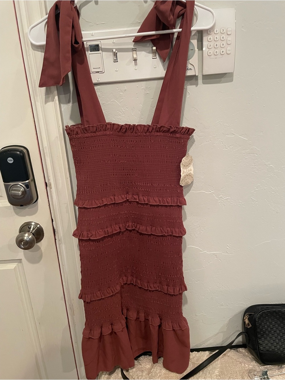 Altar’d State Women's Smocked Tie-Shoulder Dress in Rust